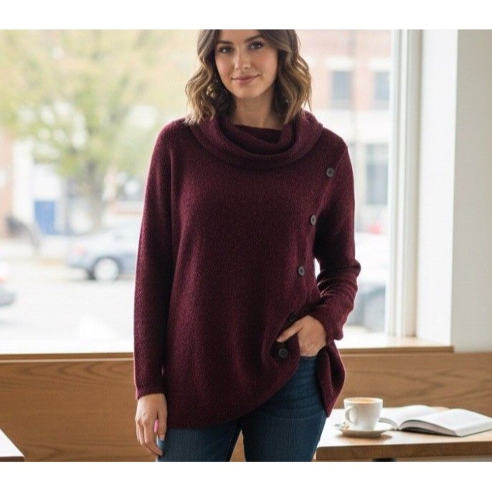 Retrology Womens Size 3X Burgundy Asymmetrical Button Sweater 95% Polyester